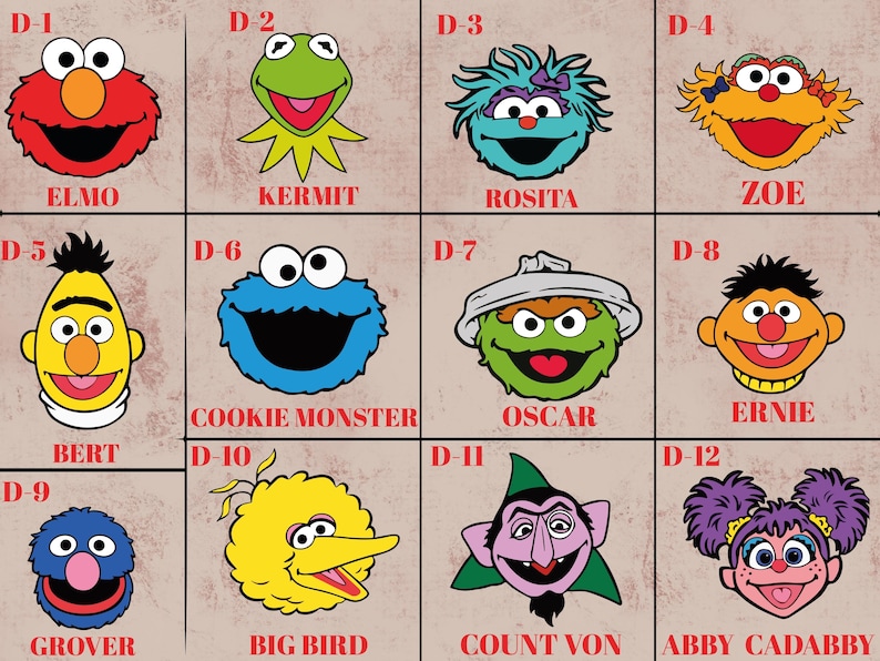 May include: A grid of cartoon character faces, including Elmo, Kermit, Rosita, Zoe, Bert, Cookie Monster, Oscar, Ernie, Grover, Big Bird, Count Von, and Abby Cadabby. Each character has a unique color scheme and facial expression.