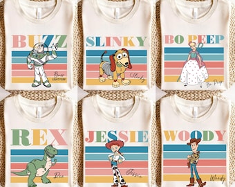 Toy Story Striped Retro Tee, Buzz Lightyear Bo Peep Rex Jessie Slinky Woody Shirt, Toy Story Birthday Shirts, Disney Matching Family T-Shirt