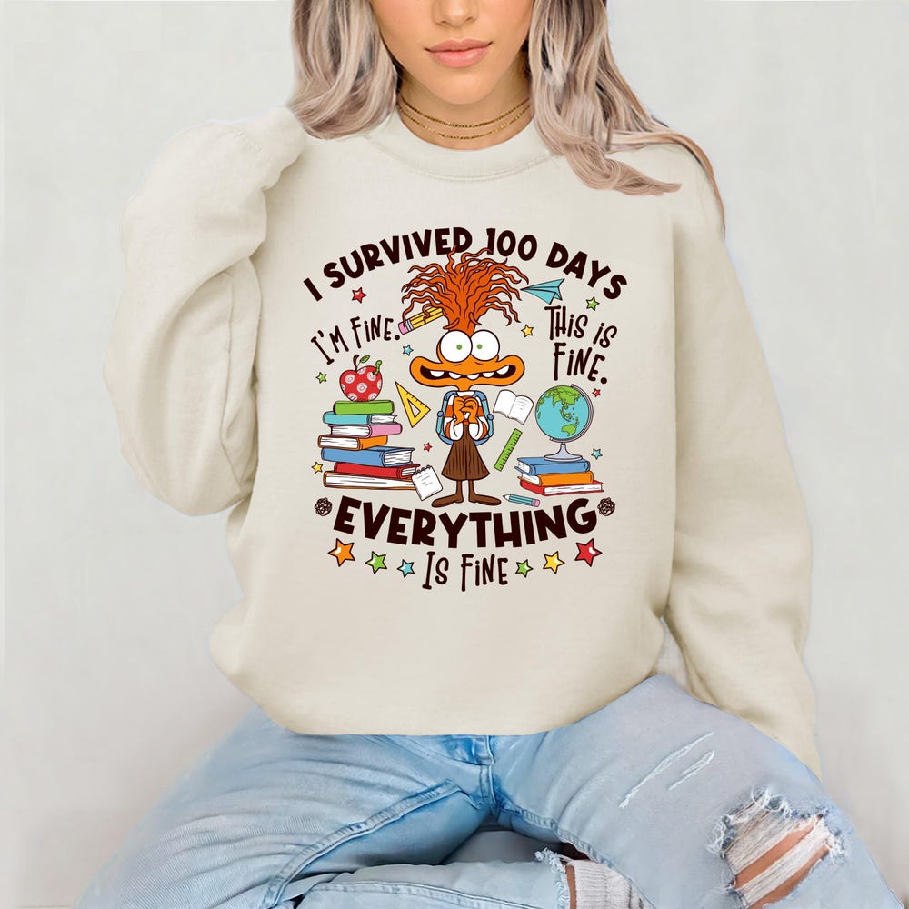 100Th Days Of School I Survived 100 Days Of School Anxiety Shirt,Emotions Cartoon School Tee,100 Days Celebration Shirt,One Hundredth Day Schooling,,Teacher Gift Teacher Sweatshirt Gifts For Day Peckshirt