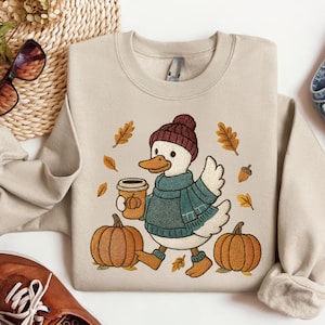 Trendy Duck Fall Sweatshirt, Cozy Autumn Coffee Shirt