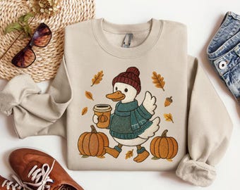 Trendy Cute Fall Duck Sweatshirt, Cozy Autumn Coffee Shirt, Preppy Duck Pullover, Pumpkin Patch Duck Shirt, Trendy Thanksgiving Sweater