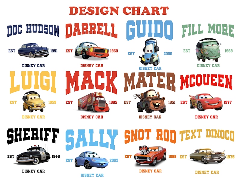 May include: A design chart featuring various Disney Pixar Cars characters, including Doc Hudson, Darrell, Guido, Fill More, Luigi, Mack, Mater, McQueen, Sheriff, Sally, Snot Rod, and Text Dinoco. Each character is depicted with their name, a Disney Car logo, and their year of establishment.