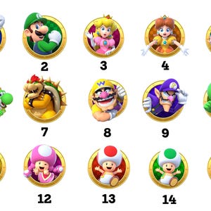 May include: A set of 15 colorful round stickers featuring characters from the Super Mario Bros. video game franchise. The stickers feature characters like Mario, Luigi, Peach, Bowser, Toad, and Yoshi.