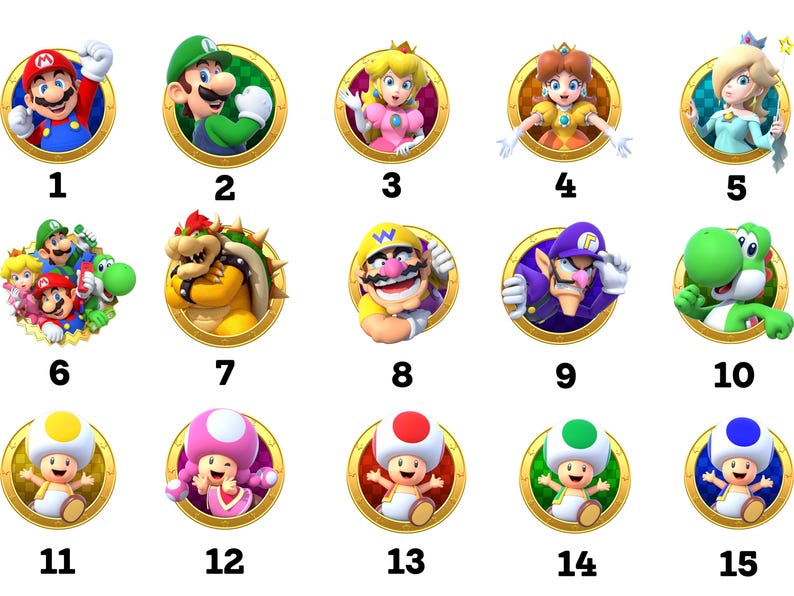 May include: A set of 15 colorful round stickers featuring characters from the Super Mario Bros. video game franchise. The stickers feature characters like Mario, Luigi, Peach, Bowser, Toad, and Yoshi.