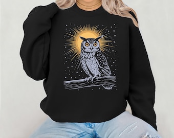 Vintage Celestial Owl T-Shirt, Linocut Style, Cosmic Folklore