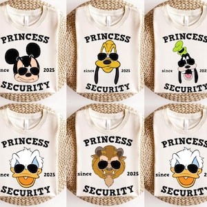May include: Six different designs of white t-shirts with a princess theme. Each shirt features a different cartoon character wearing sunglasses and the text "Princess Security" with the years "since" and "2025".