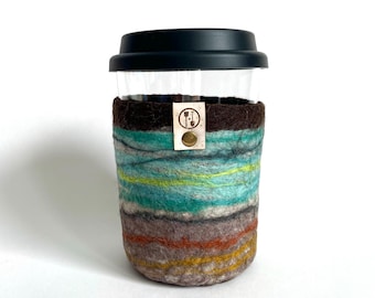 Taza de viaje y tapa de diseño vibrante, vaso térmico para llevar con funda de lana afieltrada, vidrio templado.