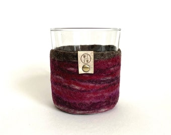 Coffee Cup with Cozy, Magenta Mug, Tempered Glass with Felted Wool Sleeve, Raynaud’s Syndrome Gift, Sustainably Made Gifts