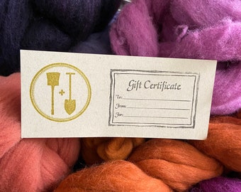 Gift Card, Gift Certificate for Shovel + Spade, Last Minute Gifts, Wool Gift, 7th Anniversary Gifts, Select Values of 25 - 100 US Dollars