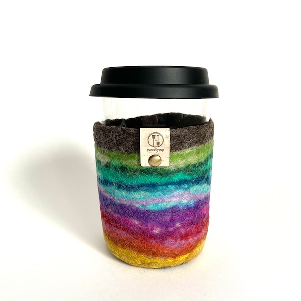 Rainbow Travel Cup, Coffee Tumbler with Lid, Rainbow Coffee Mug, Lidded Roadie with Sleeve, Tempered Glass Tea Cup, Sustainable Gifts