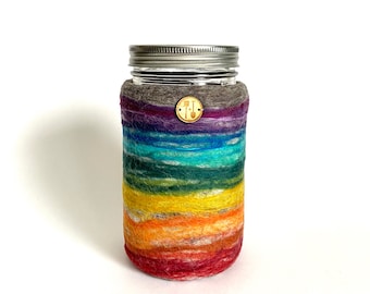 32oz. Mason Jar Cozy, Rainbow Mason Jar Sleeve, Rainbow Wool Felt Jar Sleeve, LGBTQ Gift, Queer Gift, Gay Care Packages