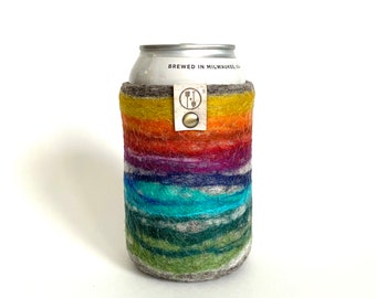 Rainbow Can Sleeve, Felted Wool Gifts, Chakra Drink Can Cover, Gift for LGBTQ+, 5 minutes till Fuzzy Rainbows, BMFS