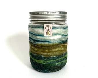 Custom Mason Jar Cozy | Hand Felted Wool Jar Sleeve Drink Jar 32 oz. Wide mouth Mason Jar Wrap | Glass Jar Travel Mug with Felt Cozy