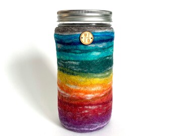 24 oz. Mason Jar Cozy, Rainbow Mason Jar Sleeve, LGBTQ+ gifts, Wool Felt Jar Sleeve, Queer Care Package for Them, Gay Gifts