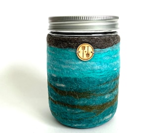 Teal Jar Sleeve, Wool Felt Cozy for 16 oz. or 32 oz. Mason Jars, One of a Kind Felted Wool Coffee Mug, Sustainably Made, Zero Waste Gifts