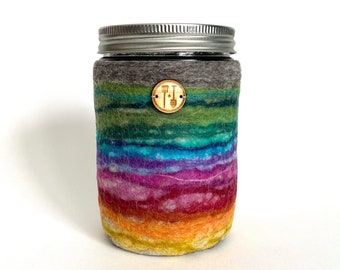 Rainbow Mason Jar Cozy, 16 oz. Mason Jar Sleeve, Rainbow Felted Wool, Gay Gifts for  Them, Queer Care Packages