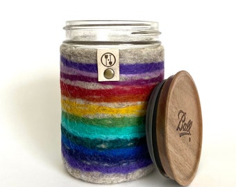 Stash Jar with Wooden Lid and Rainbow Felt Sleeve, Stoner Gifts, Pothead Care Package Gift, Glass Weed Jar Cork Lid and Wool Cozy