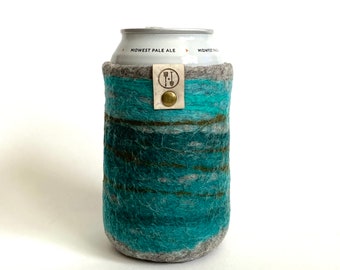 Personalized Can Coolers, Gifts for Her, Guy Gifts, 7th Anniversary Wool Gift, Sustainably Made in Milwaukee, Teal Beer Bottle Sleeve
