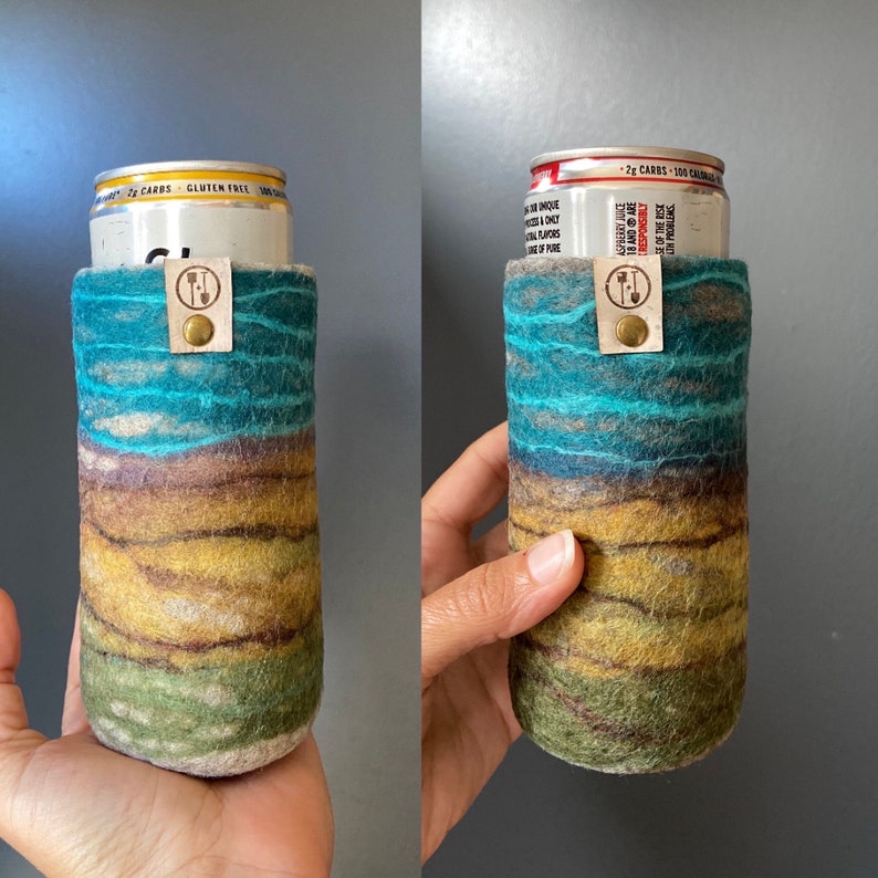 Wool Gifts for Her, Beer Sleeve Made in Milwaukee Wisconsin, Felted Can Cover, 7th Anniversary Gift for Wife, 12 oz. Bottle Hugger image 3