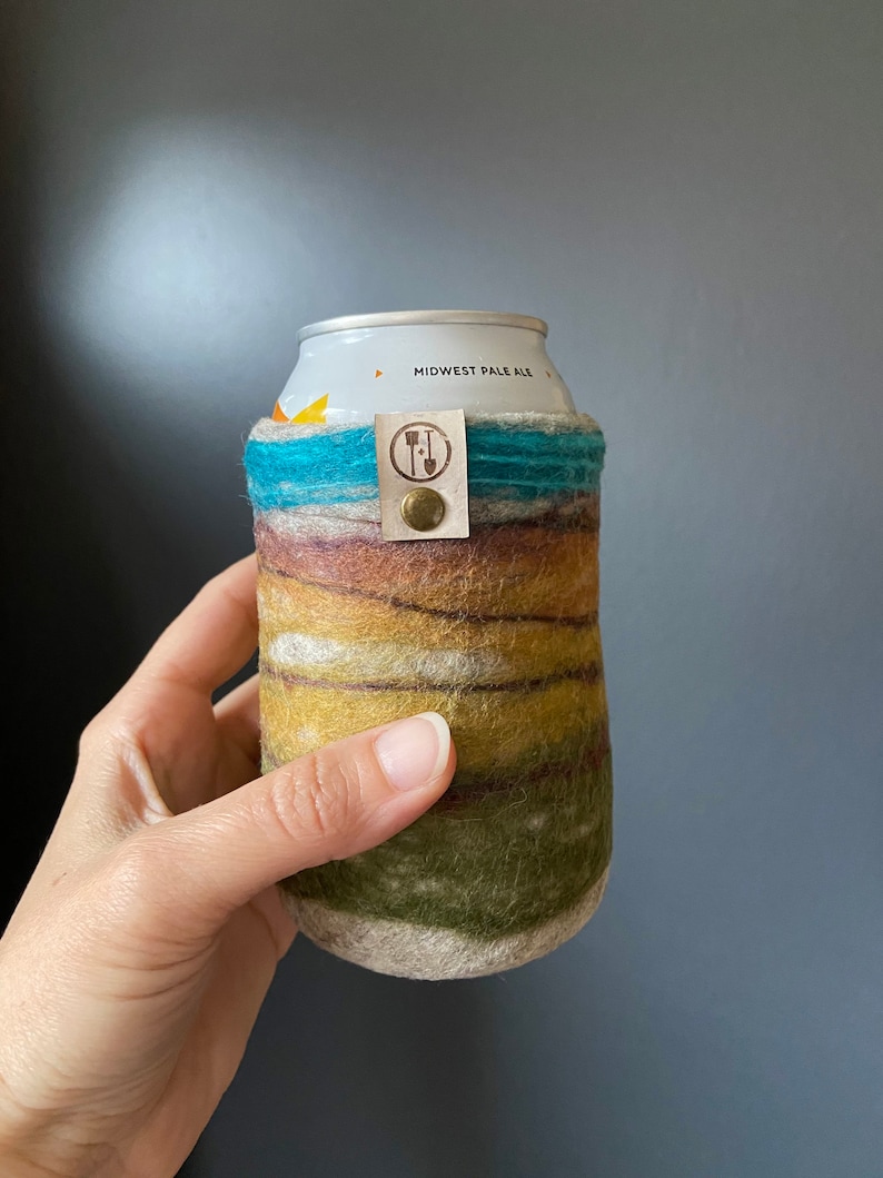 Wool Gifts for Her, Beer Sleeve Made in Milwaukee Wisconsin, Felted Can Cover, 7th Anniversary Gift for Wife, 12 oz. Bottle Hugger image 2