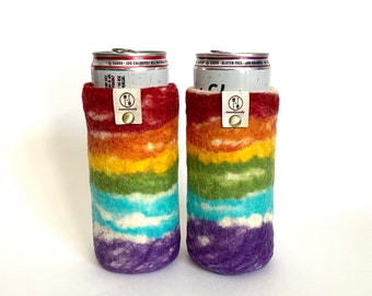 Pride Gifts, Rainbow Silm Can Cover, 7th Anniversary Wool Gift for Spouse, Hard Seltzer Cooler, Pride Flag Gay Gift