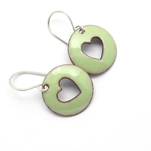 Pastel Green Heart Earrings with Sterling Silver Earwires, Enamel Jewelry image 1