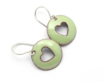 Pastel Green Heart Earrings with Sterling Silver Earwires, Enamel Jewelry