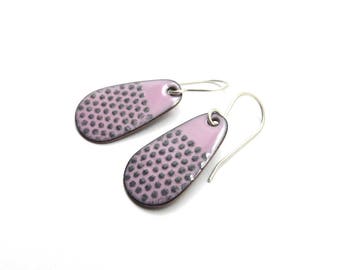 Pink Drop Earrings with Gray Polka Dots, Enamel Earrings with Sterling Silver Earwires