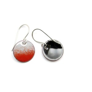 Small Gray and Red Dangle Earrings with Sterling Silver Earwires, Enamel Earrings image 7