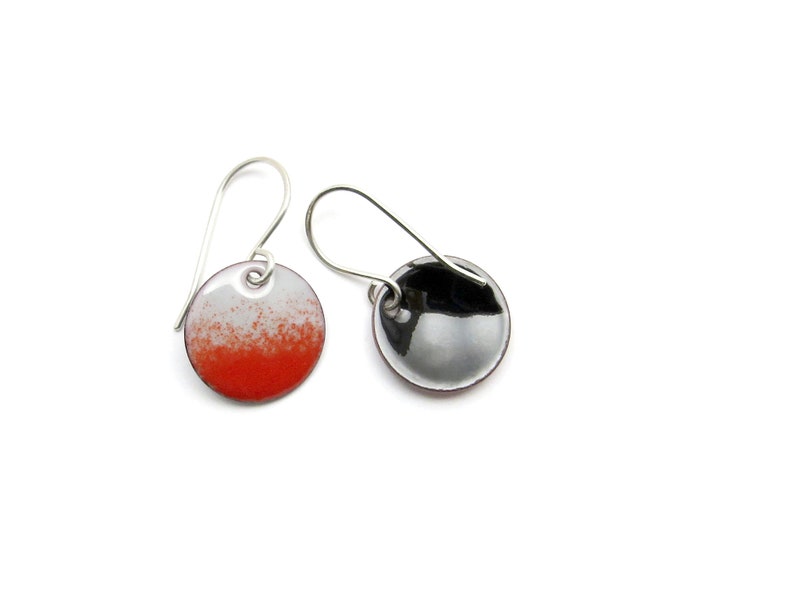Small Gray and Red Dangle Earrings with Sterling Silver Earwires, Enamel Earrings image 7
