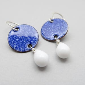 Royal Blue Dangle Earrings with White Glass Drops and Sterling Silver Earwires, Enamel Jewelry