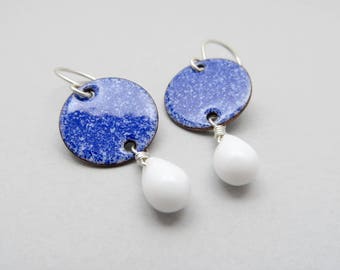 Royal Blue Dangle Earrings with White Glass Drops and Sterling Silver Earwires, Enamel Jewelry