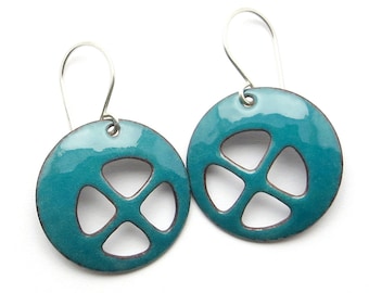 Teal Green Dangle Earrings with Sterling Silver Earwires, Enamel Earrings