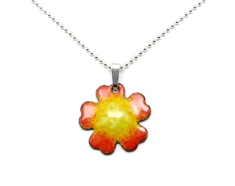 Small Flower Necklace, Orange and Yellow Flower Pendant on Delicate Sterling Silver Chain