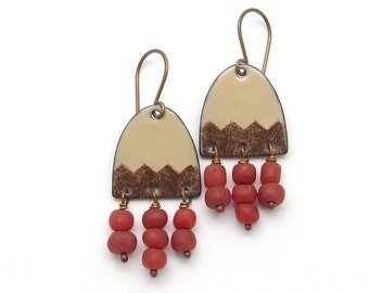 Brown and Red Boho Earrings, Enamel on Copper Earrings