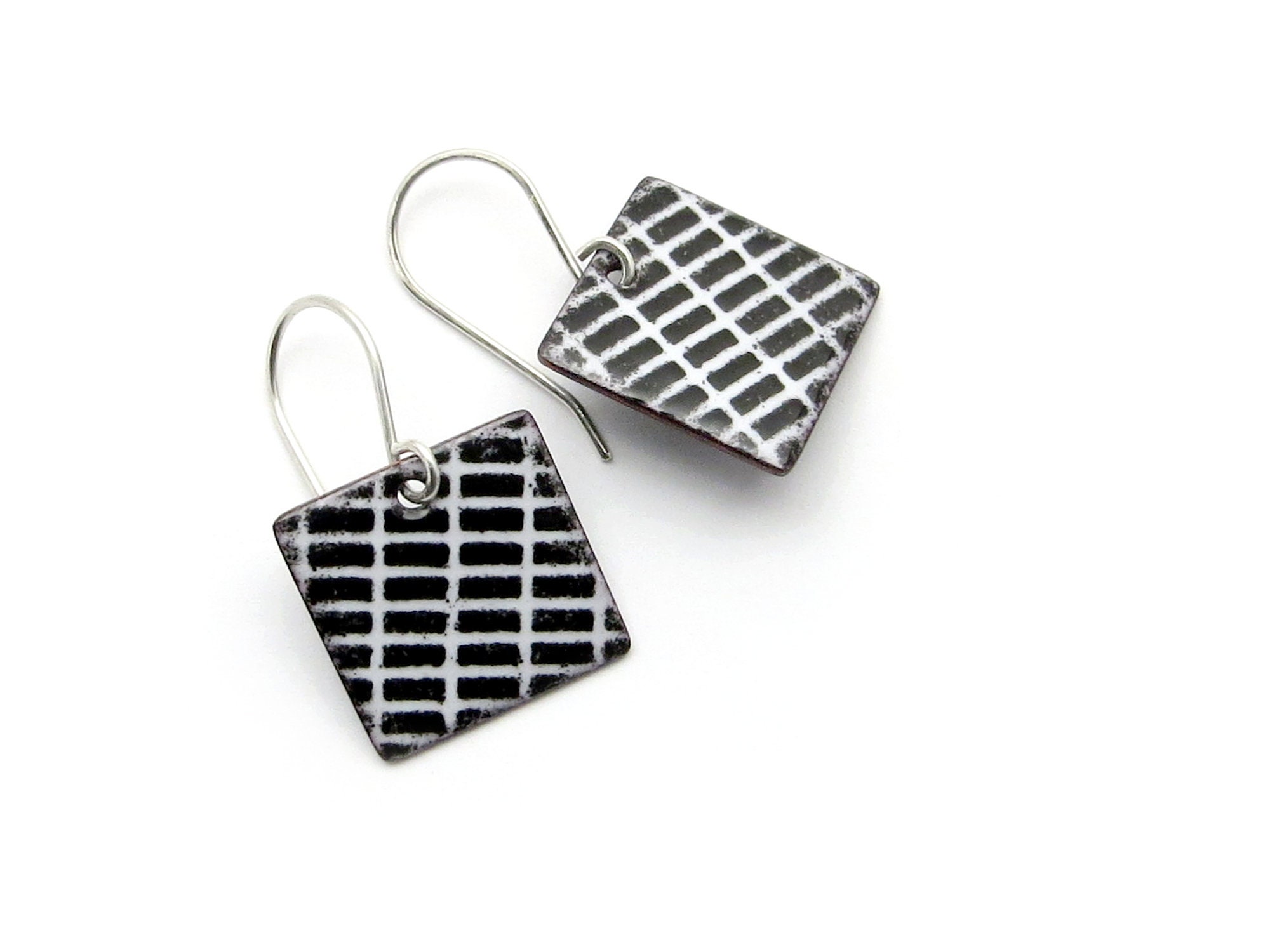 Black and White Square Earrings With Sterling Silver Earwires, Modern