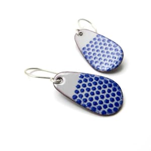 Royal Blue Drop Earrings, Gray and Blue Enamel on Copper with Sterling Silver Earwires image 1