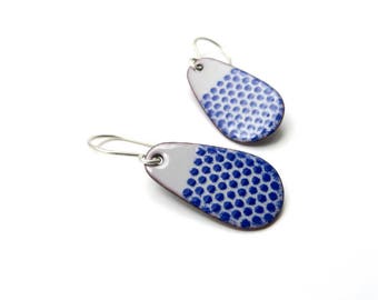 Royal Blue Drop Earrings, Gray and Blue Enamel on Copper with Sterling Silver Earwires