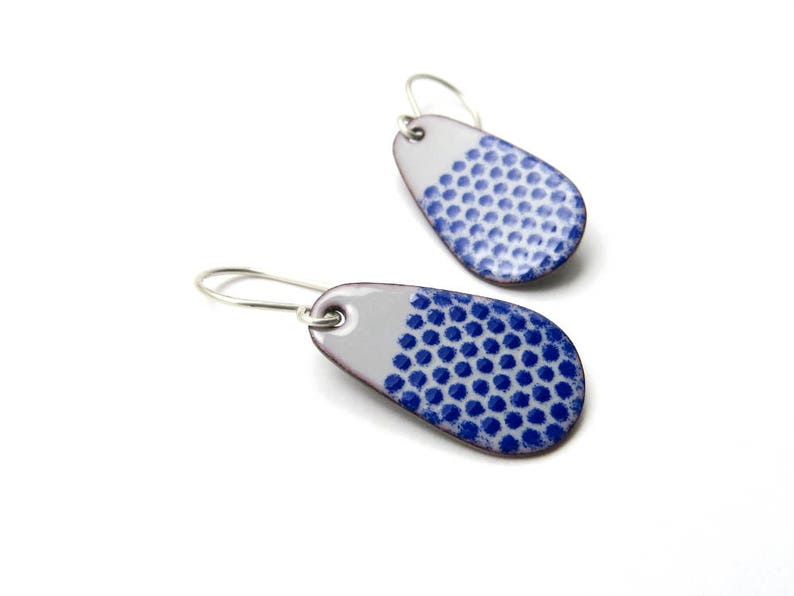 Royal Blue Drop Earrings, Gray and Blue Enamel on Copper with Sterling Silver Earwires image 1