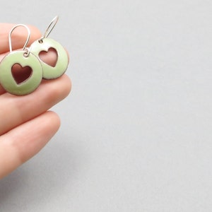 Pastel Green Heart Earrings with Sterling Silver Earwires, Enamel Jewelry image 4
