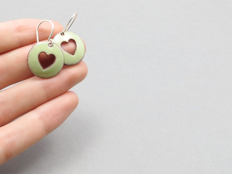 Pastel Green Heart Earrings with Sterling Silver Earwires, Enamel Jewelry image 4