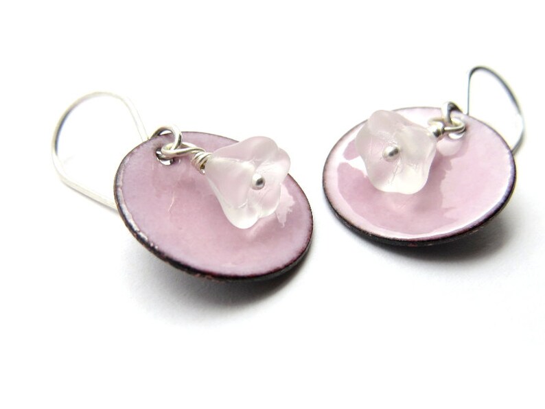 Pink Flower Earrings with Pastel Enamel, Frosted Glass Flowers and Sterling Silver Earwires image 2