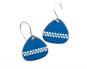 Blue Drop Earrings with White Polka Dots and Sterling Silver Earwires, Modern Enamel Jewelry