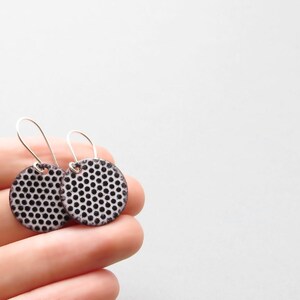 white round enamel earrings with small black polka dots, dangle earrings with sterling silver earwires