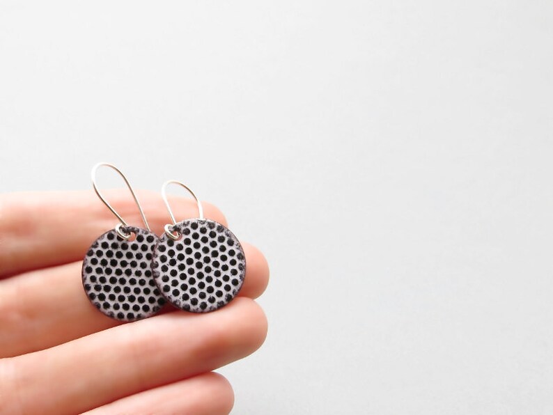 white round enamel earrings with small black polka dots, dangle earrings with sterling silver earwires