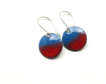 Red and Blue Drop Earrings, Modern Jewelry, Enamel on Copper and Sterling Silver