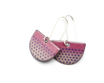 Purple Half Circle Earrings with Polka Dots and Sterling Silver Earwires, Modern Enamel Jewelry
