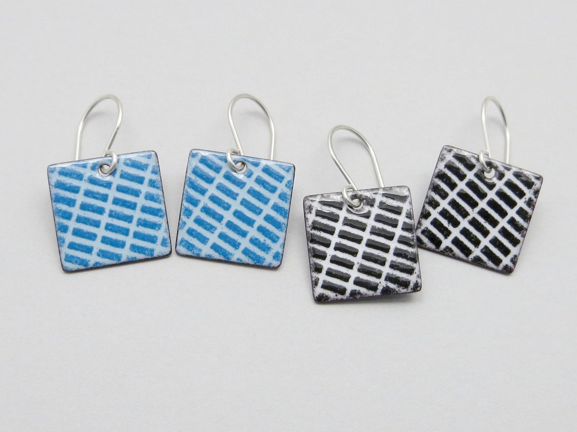 Black and White Square Earrings With Sterling Silver Earwires, Modern