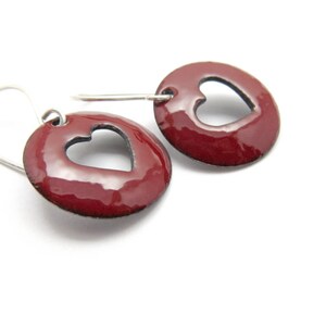 Dark Red Heart Earrings with Sterling Silver Earwires, Lightweight Enamel Earrings image 2