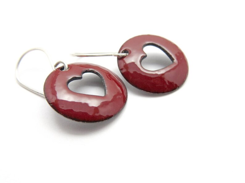 Dark Red Heart Earrings with Sterling Silver Earwires, Lightweight Enamel Earrings image 2